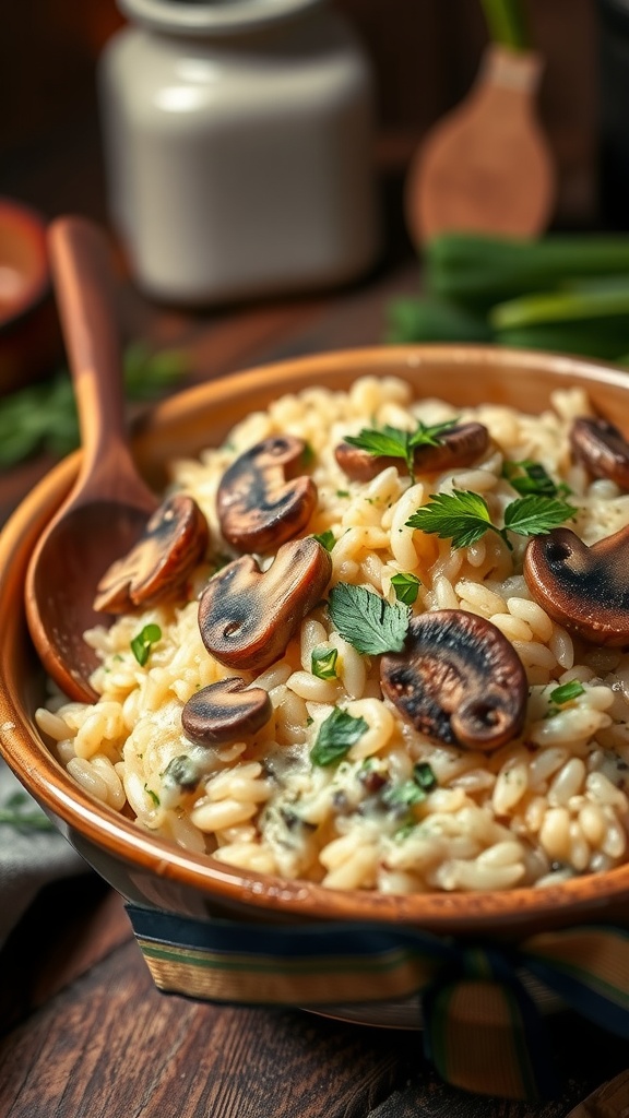 A bowl of creamy mushroom risotto garnished with herbs, served with a wooden spoon, in a rustic kitchen setting.